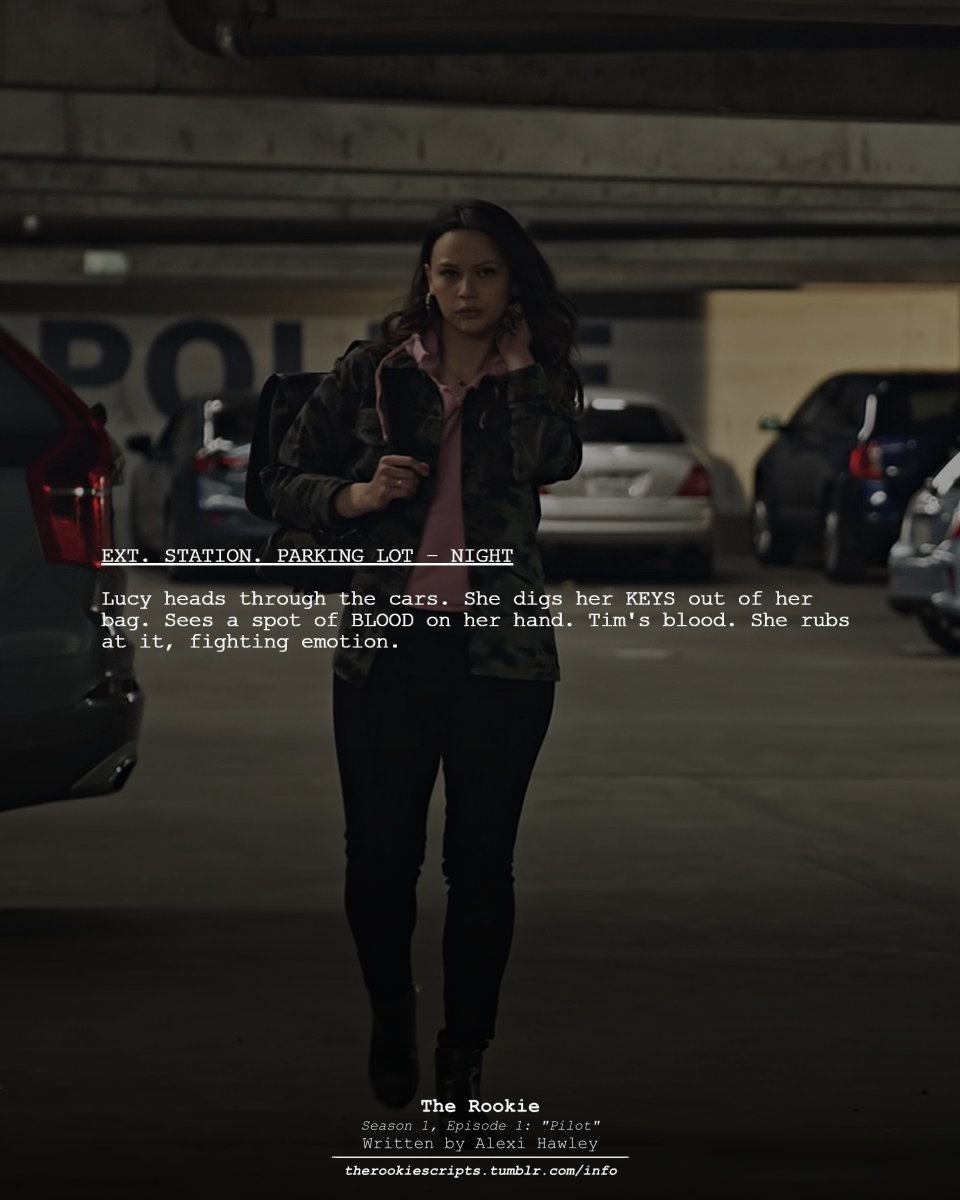 rookie_scripts's tweet image. Lucy tries to get Tim&apos;s blood off of her hands. (Deleted Scene)

— THE ROOKIE
Season 1, Episode 1: “Pilot”
Written by Alexi Hawley

#TheRookie #TheRookieScripts