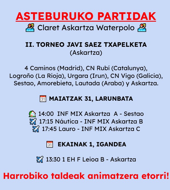 El 2° Torneo Javi Sáez se disputará este fin de Semana en nuestra piscina de Askartza Claret con la presencia de otros 8 participantes. Además os dejamos la cartelera del resto de partidos.