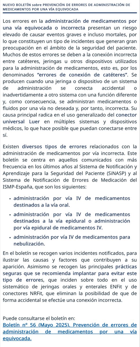 NUEVO BOLETÍN - 📆 MAY 2️⃣0️⃣2️⃣5️⃣

Prevención de errores de administración por VÍA EQUIVOCADA

1️⃣ Vía IV 🆚 Vía Oral
2️⃣ Vía IV ↔️ Vía Epidural
3️⃣ Vía IV 🆚 Nebulización 

#SegPac

🆕 ismp-espana.org/noticias/view/…

📌🗞️ ismp-espana.org/ficheros/Bolet…

⬇️⬇️ ⬇️