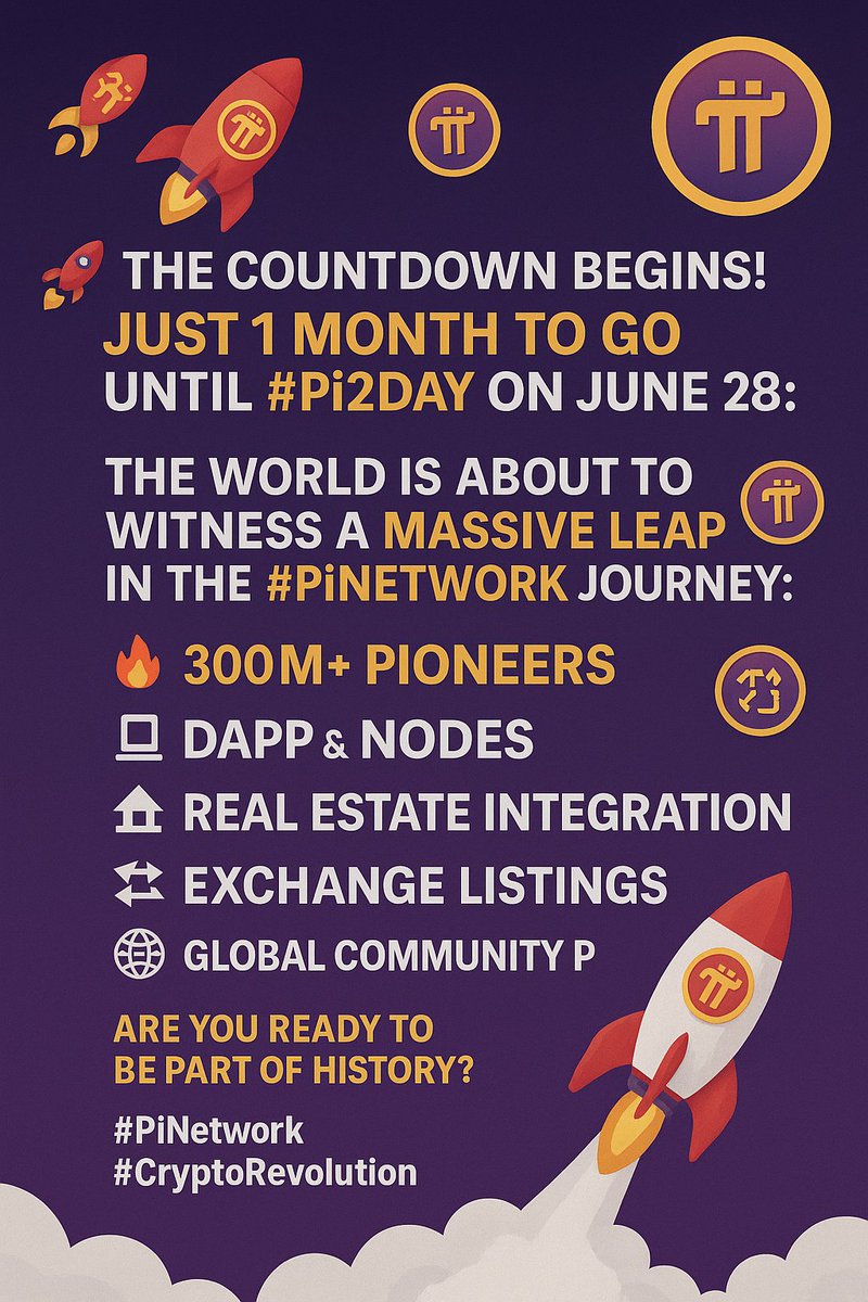 DrChengdiaoFan's tweet photo. 🚀 The countdown begins! Just 1 month to go until #Pi2Day on June 28!
The world is about to witness a massive leap in the #PiNetwork journey:
🔥 300M+ pioneers
💻 dApps & Nodes
🏠 Real Estate integration
💱 Exchange listings
🌍 Global Community Power
Are you ready to be part of history?

📲More information join tg⤵️
https://t.co/g5WwbZqvTp

#PiNetwork #CryptoRevolution
