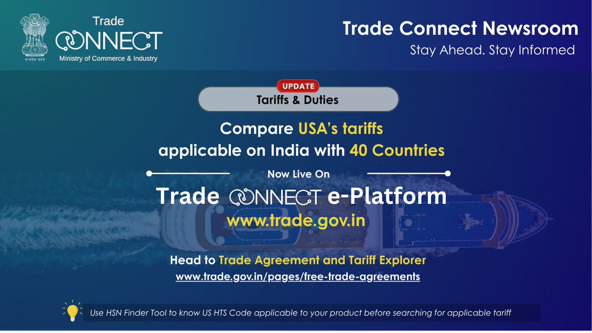 📊 Check Tariffs applicable on your products on Trade Connect ePlatform
Compare USA’s tariffs on Indian exports with 40 competing countries.
🔗 Visit: trade.gov.in/pages/free-tra…
Empowering Indian exporters to make informed trade decisions.
#TradeConnect #CompareTariffs #IndiaUSTrade