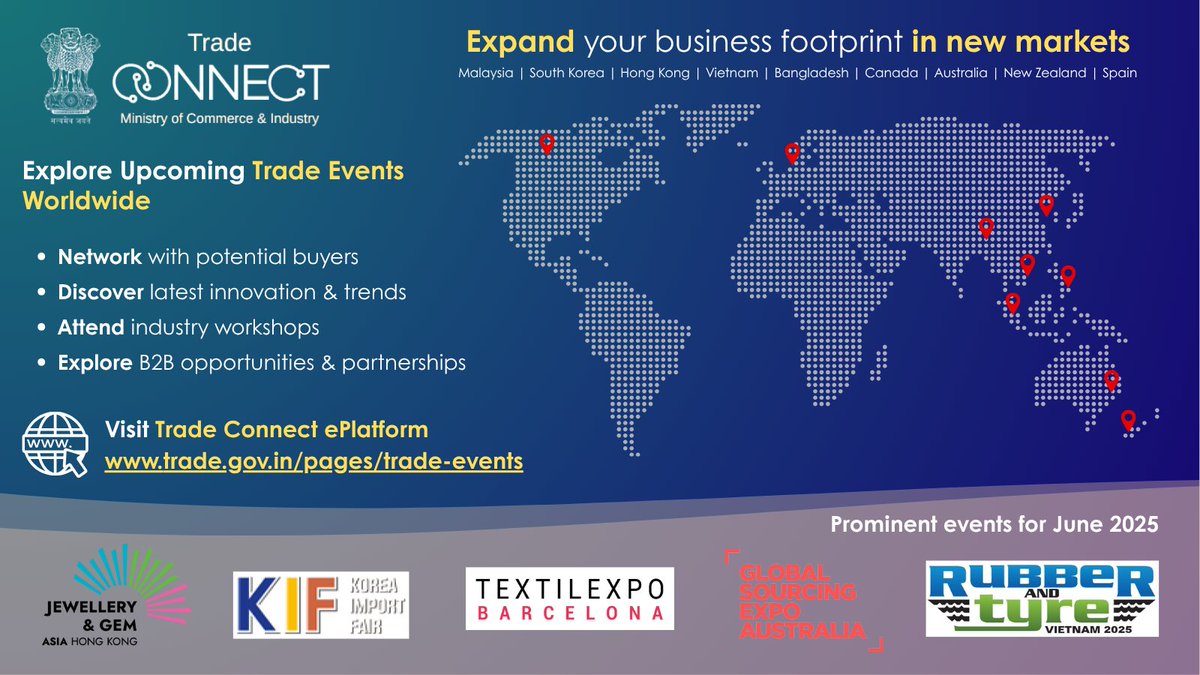 🌍Upcoming Global Trade Events– Live on Trade Connect
Explore a curated list of key upcoming trade events happening worldwide and plan participation to boost exports.
🔗 Visit. Discover. Register now 👉 trade.gov.in/pages/trade-ev…
#TradeConnect #Tradeeventsworldwide