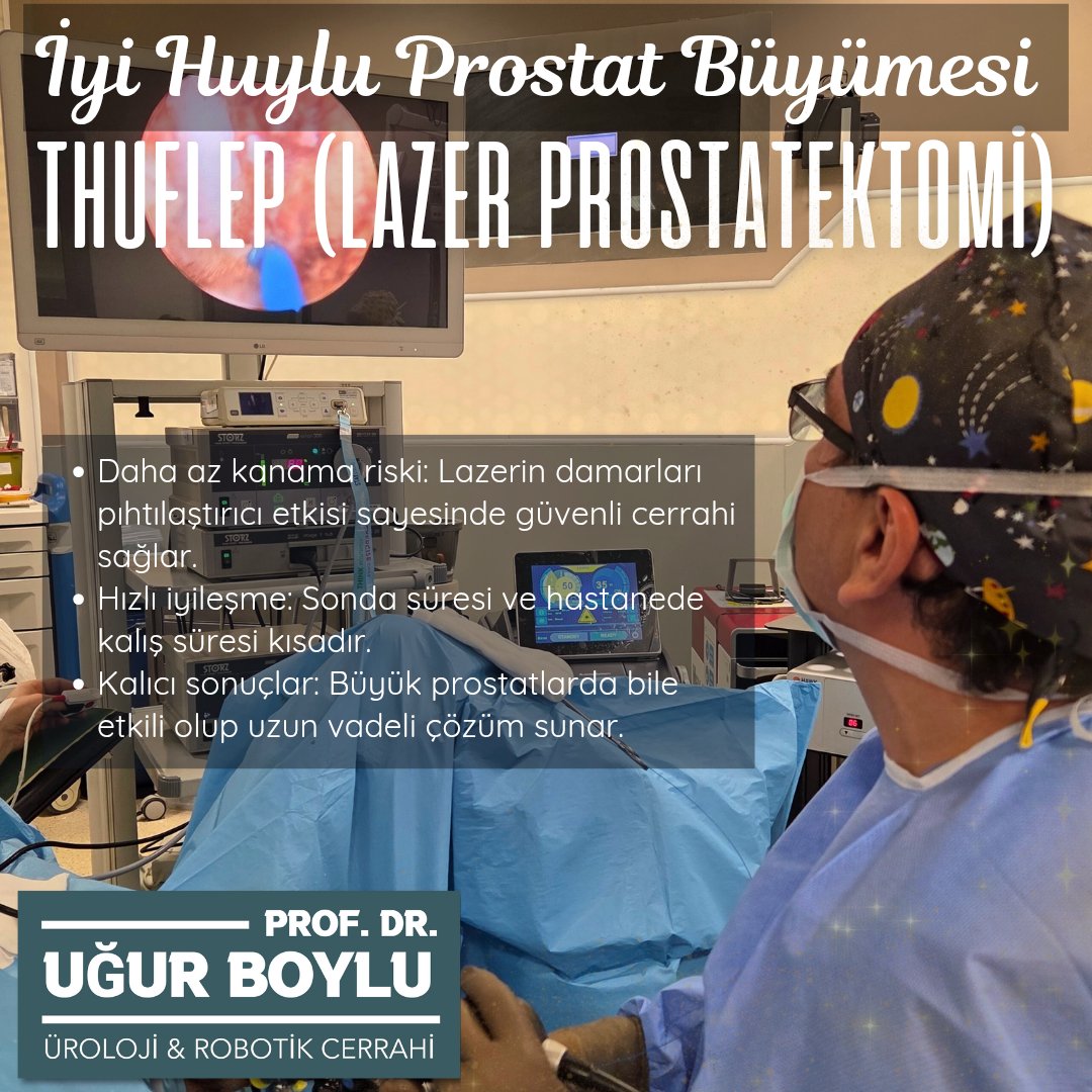 Thuflep, iyi huylu prostat büyümesinde (BPH) uygulanan, kanama riski düşük, kapalı ve lazerle yapılan modern bir cerrahidir. Büyük prostatlarda bile güvenle uygulanabilir, hastanede kalış süresi kısadır, iyileşme hızlıdır.
#thuflep #prostat #bph #lazer 

ugurboylu.com/thuflep