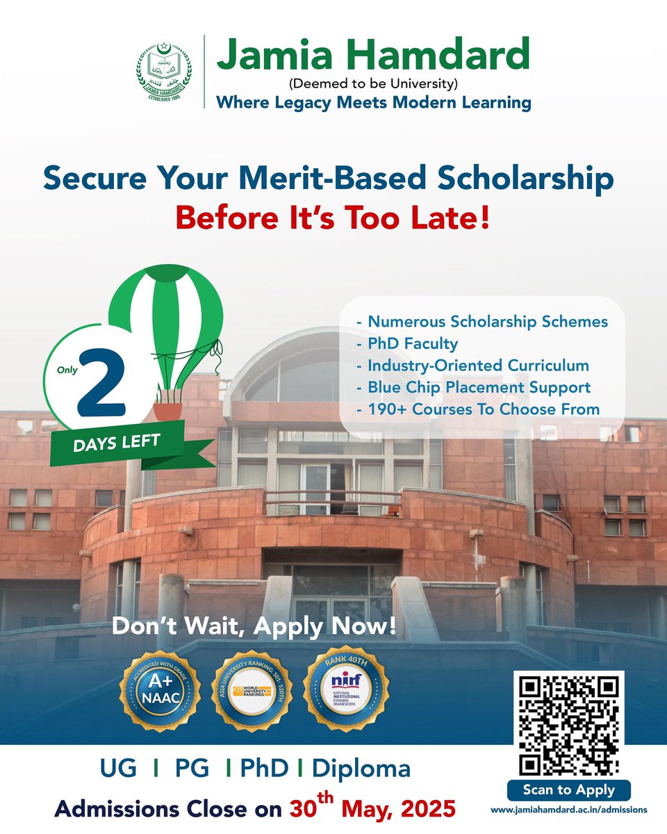 jamia_hamdard's tweet image. Only 2 days left to apply for admissions at Jamia Hamdard.
Secure your seat and merit-based scholarship before the deadline closes on 30th May, 2025.

#JamiaHamdard #Admissions2025 #LastDateToApply #ScholarshipOpportunities #UGAdmissions #PGAdmissions #PhDAdmissions #ApplyNow