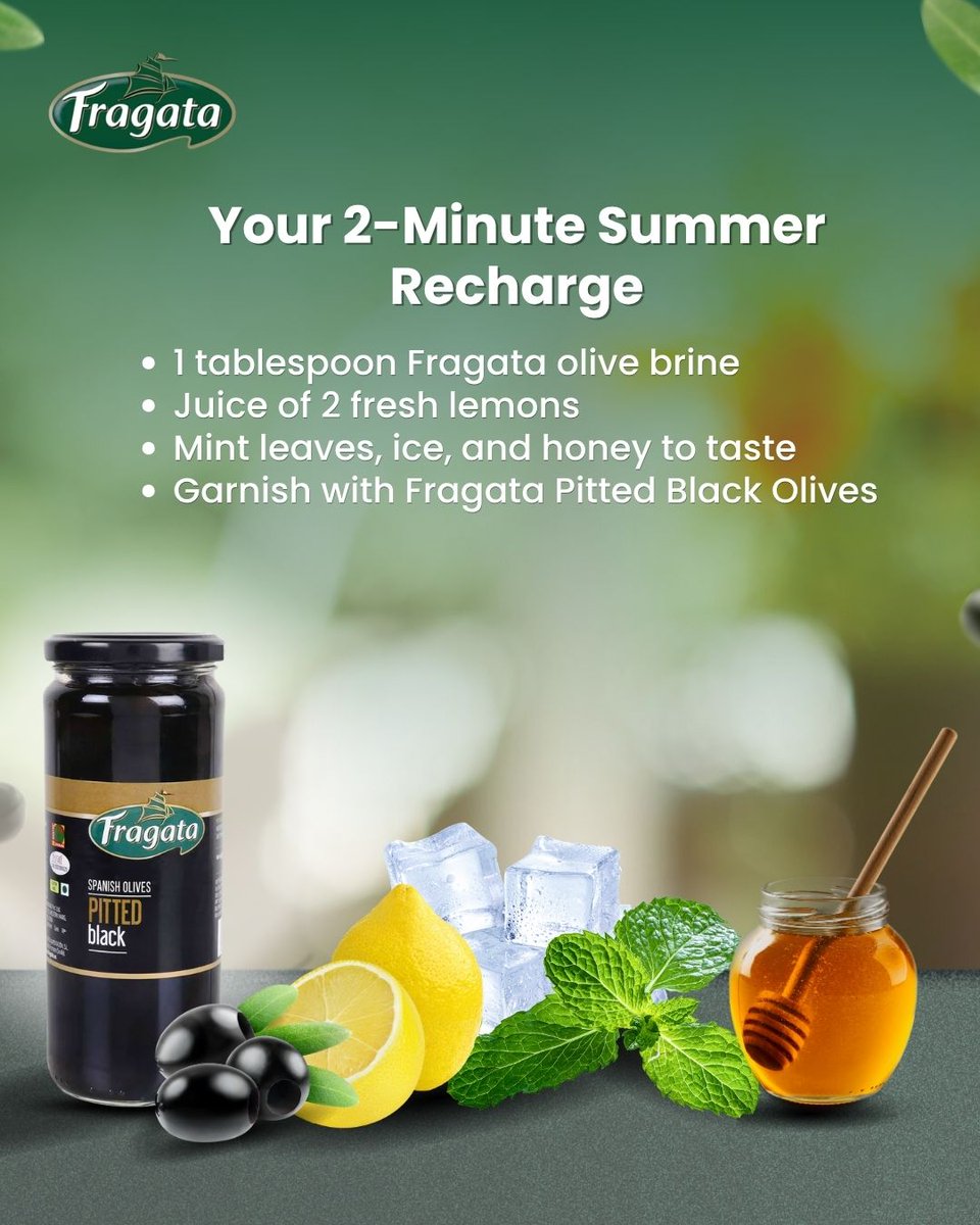 FragataIndia's tweet image. Beat the heat with a zesty olive lemonade! 🍋🫒 Fragata Black Olives add electrolytes, flavor, and freshness — your 2-minute summer sip, smart and cool.
fragataindia.com
#excellence #Fragata #SummerHack #SmartSipping #OliveBrineMagic #HealthyHydration #StayCoolNaturally