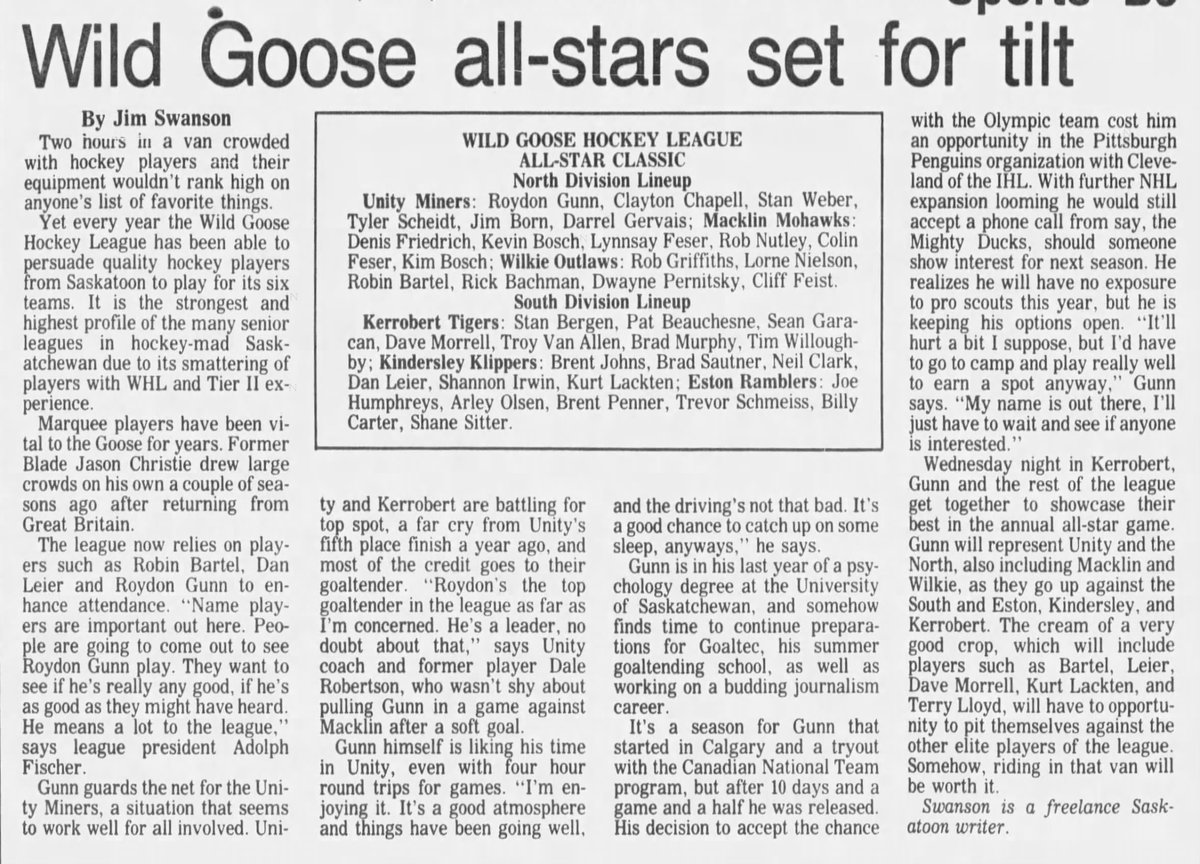 From the January 12, 1993 edition of the Saskatoon StarPhoenix

It's time to get ready for the Wild Goose Hockey League All Star Game