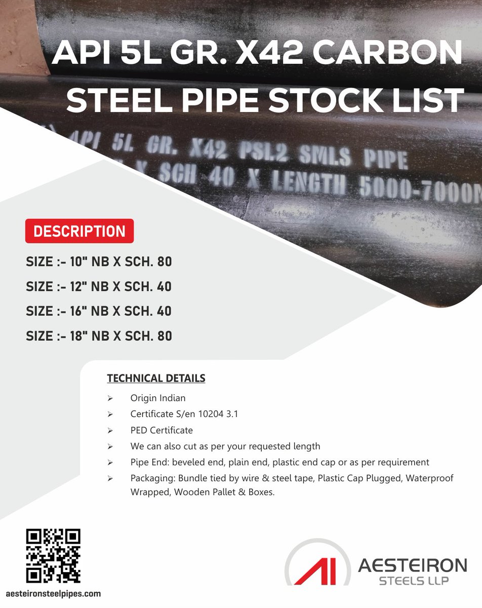 aesteironpipes's tweet image. Check Our Latest Stock of API 5L Gr. X42 Carbon Steel Pipe
.
.
aesteironsteelpipes.com
.
.
#apipipe #carbonsteel #carbonsteelpipe #carbonsteelpipes #api5l #api5lpipes #carbonpipes #carbonpipeline #cspipe
.
.
Aesteiron Steels LLP
info@aesteironsteelpipes.com
+91-22-6777-6777