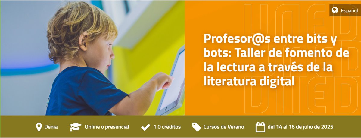 UNED_Filología (@uned_filologia) on Twitter photo 🟢Profesor@s entre bits y bots: Taller de fomento de la lectura a través de la literatura digital
🗓️Del 14 al 16 de julio
👉Más información: extension.uned.es/actividad/idac…
<a href="/UNEDDENIA/">UNED DÉNIA</a> <a href="/DepExtranjeras/">Departamento de Filologías Extranjeras UNED</a> 🟢Profesor@s entre bits y bots: Taller de fomento de la lectura a través de la literatura digital
🗓️Del 14 al 16 de julio
👉Más información: extension.uned.es/actividad/idac…
<a href="/UNEDDENIA/">UNED DÉNIA</a> <a href="/DepExtranjeras/">Departamento de Filologías Extranjeras UNED</a>