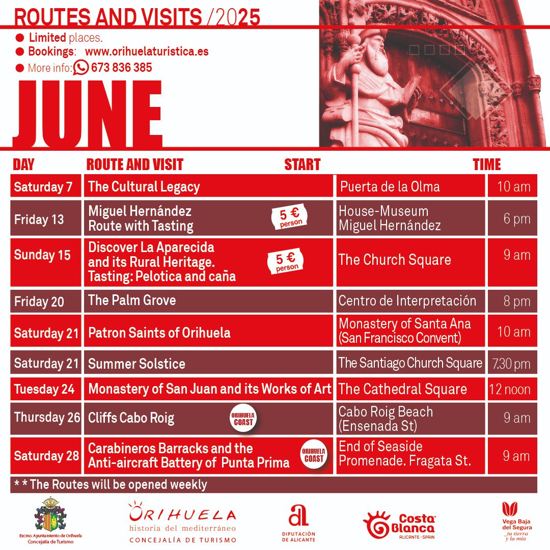 🌟 ¡Comienza junio explorando Orihuela! 🌟
"El Legado Cultural", una ruta única para sumergirte en la historia y el patrimonio de nuestra ciudad.

📅 Sábado 07 de junio de 2025   ⏰ Hora de inicio: 10:00 h   
📢 Reserva tu plaza en nuestra web: 
orihuelaturistica.es