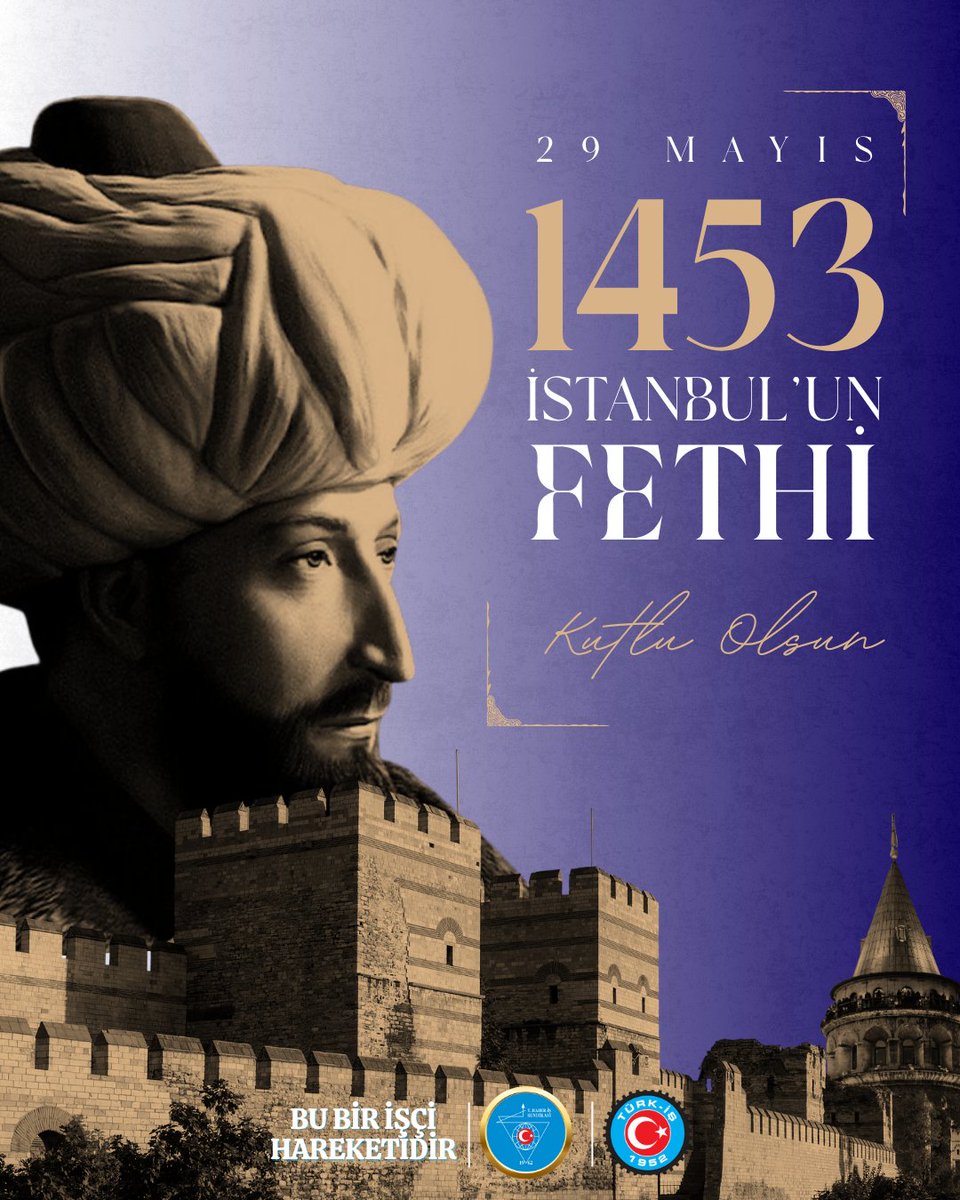 TurkiyeHaberis's tweet photo. Tarih Sahnesinde Bir Dönüm Noktası: 29 Mayıs 1453

Bugün, sadece bir şehrin fethi değil, bir medeniyetin yeniden doğuşudur. İstanbul’un Fethi; azmin, stratejinin ve inancın zaferidir. 
Fatih Sultan Mehmet’in önderliğinde yükselen bu büyük zafer, tarihe altın harflerle yazılmıştır.

İstanbul’un Fethi’nin 572. yılı kutlu olsun.
 #29Mayıs1453 #İstanbul