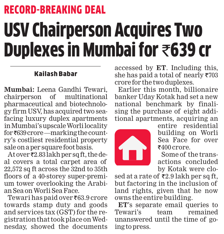 Kailash Babar ET (@kailashbabar_) on Twitter photo #Pharma co USV Chairperson buys two sea-facing duplexes in #Mumbai’s Worli for Rs 639 cr, sets new #record at Rs 2.83 lakh/sq ft, pays Rs 63.9 cr stamp duty + GST alone
realty.economictimes.indiatimes.com/news/residenti… <a href="/EconomicTimes/">Economic Times</a> #RealEstate #MumbaiProperty #Luxury #HNWI #PropertyDeals #Pharma co USV Chairperson buys two sea-facing duplexes in #Mumbai’s Worli for Rs 639 cr, sets new #record at Rs 2.83 lakh/sq ft, pays Rs 63.9 cr stamp duty + GST alone
realty.economictimes.indiatimes.com/news/residenti… <a href="/EconomicTimes/">Economic Times</a> #RealEstate #MumbaiProperty #Luxury #HNWI #PropertyDeals