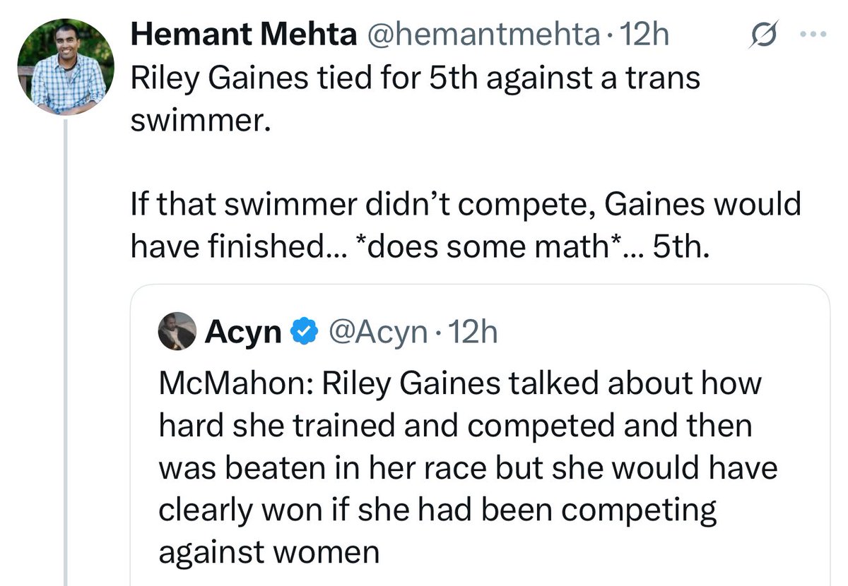 They never stop to think about the woman who didn’t get to compete at all because a MAN was in the competition instead of her.