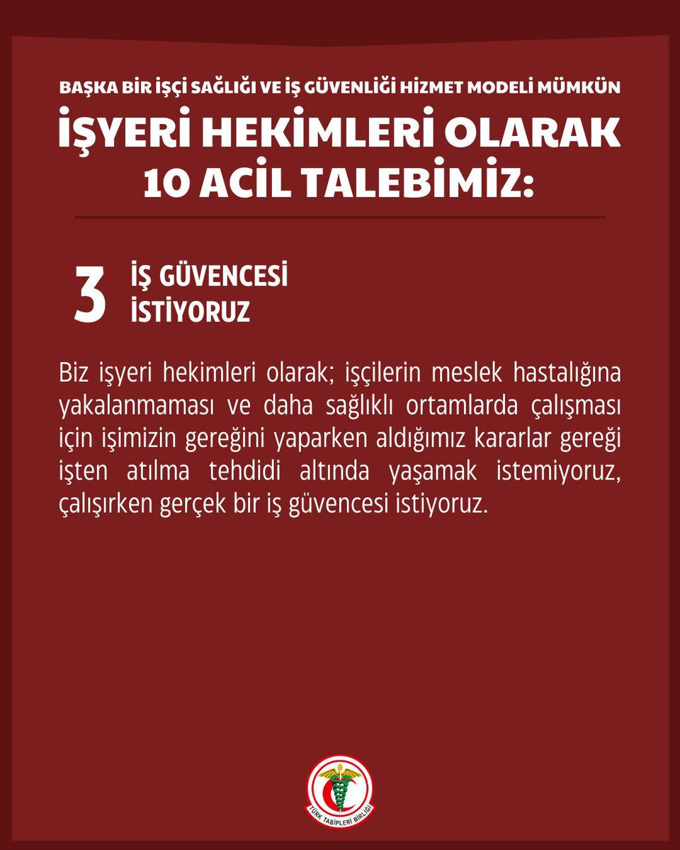 İstanbul Tabip Odası (@istabip) on Twitter photo ❗️İşyeri Hekimlerinin 10 Acil Talebi Var❗️
Talep 3: İş Güvencesi İstiyoruz <a href="/csgbakanligi/">T.C. Çalışma ve Sosyal Güvenlik Bakanlığı</a>
Biz işyeri hekimleri olarak; işçilerin meslek hastalığına yakalanmaması ve daha sağlıklı ortamlarda çalışması için işimizin gereğini yaparken aldığımız kararlar gereği işten atılma tehdidi ❗️İşyeri Hekimlerinin 10 Acil Talebi Var❗️
Talep 3: İş Güvencesi İstiyoruz <a href="/csgbakanligi/">T.C. Çalışma ve Sosyal Güvenlik Bakanlığı</a>
Biz işyeri hekimleri olarak; işçilerin meslek hastalığına yakalanmaması ve daha sağlıklı ortamlarda çalışması için işimizin gereğini yaparken aldığımız kararlar gereği işten atılma tehdidi