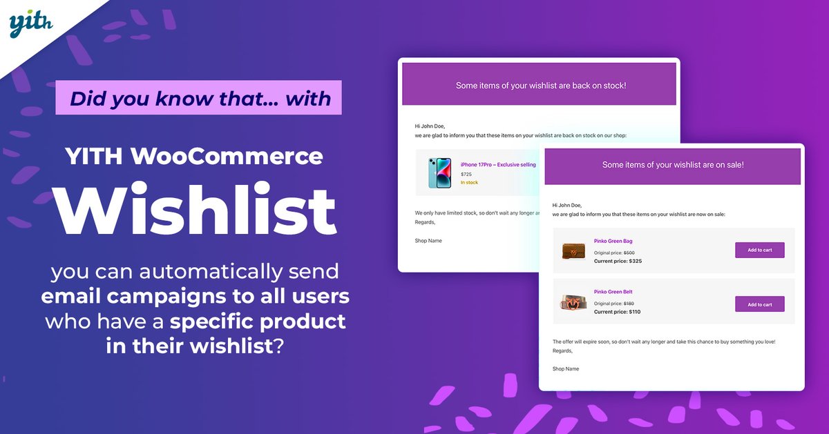 With YITH WooCommerce Wishlist, you can send promotional emails when a product on a customer's wishlist becomes available 👀 This way, you're promoting a product you know they're interested in, and you'll make many users happy tinyurl.com/2dp3v3dn 😍 #wishlist #yithplugin