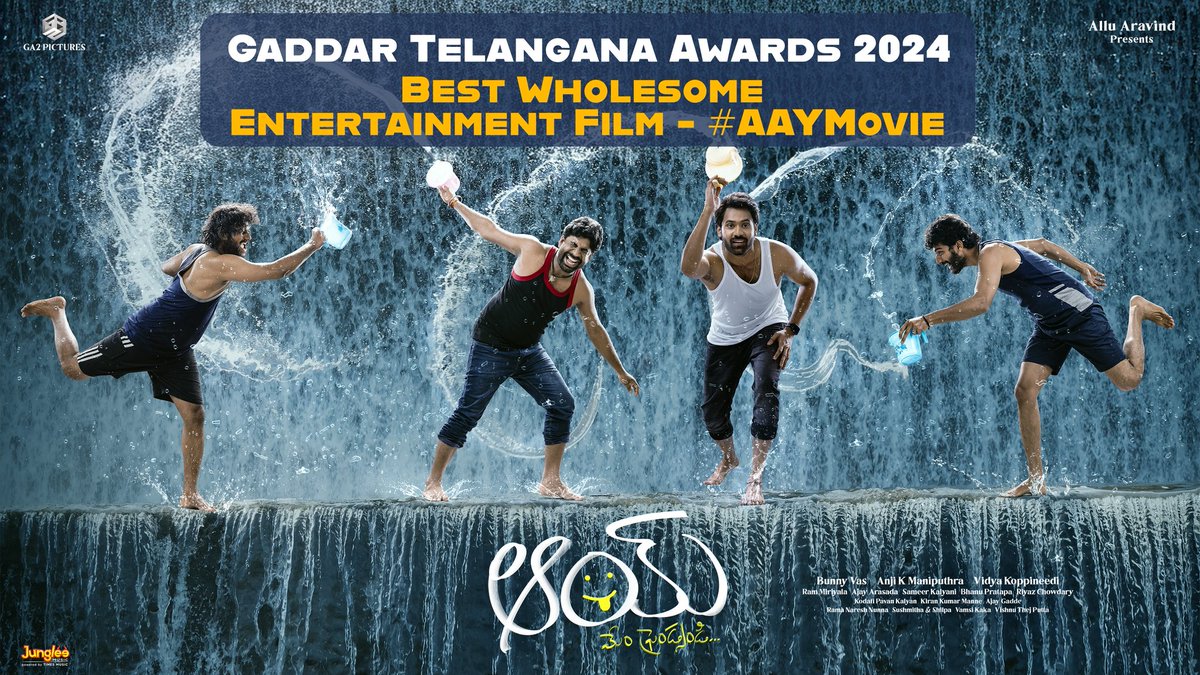 Geetha Arts (@geethaarts) on Twitter photo BEST WHOLESOME ENTERTAINMENT FILM❤️🥳
Blockbuster Entertainer #AayMovie wins the audience love and now the Gaddar Telangana Film Awards 2024🤩💥
#AlluAravind <a href="/TheBunnyVas/">Bunny Vas</a> #VidyaKoppineedi <a href="/NarneNithiin/">Narne Nithiin</a> <a href="/UrsNayan/">Nayansarika</a> <a href="/GA2Official/">GA2 Pictures</a> #AnjiKManiputhra <a href="/bhanu_pratapa/">#Single Bhanu Pratapa</a> <a href="/_riyazchowdary/">Riyaz Chowdary</a> BEST WHOLESOME ENTERTAINMENT FILM❤️🥳
Blockbuster Entertainer #AayMovie wins the audience love and now the Gaddar Telangana Film Awards 2024🤩💥
#AlluAravind <a href="/TheBunnyVas/">Bunny Vas</a> #VidyaKoppineedi <a href="/NarneNithiin/">Narne Nithiin</a> <a href="/UrsNayan/">Nayansarika</a> <a href="/GA2Official/">GA2 Pictures</a> #AnjiKManiputhra <a href="/bhanu_pratapa/">#Single Bhanu Pratapa</a> <a href="/_riyazchowdary/">Riyaz Chowdary</a>
