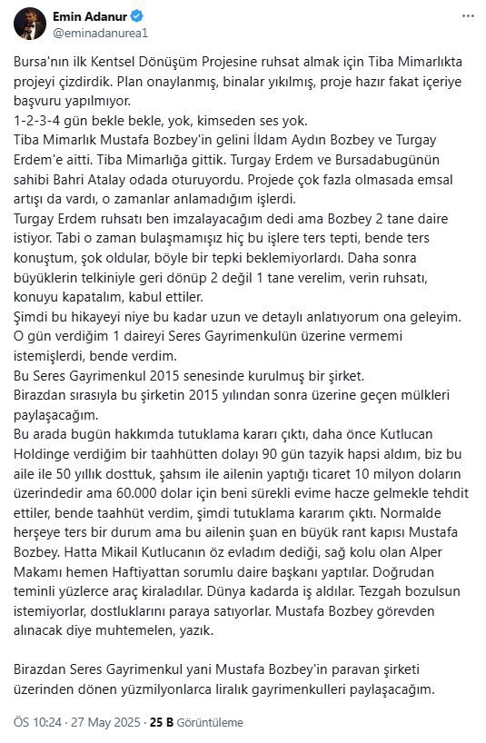 Lafa gelince mangalda kül bırakmazlar!

Bursa'da işadamı Emin Adanur, Bursa Büyükşehir Belediye Başkanı CHP'li Mustafa Bozbey ile yaptığı rüşvet pazarlığını sosyal medya hesabından ifşa etti:

"Mustafa Bozbey, gelini üzerinden 2 daire istedi ben 1 daire vererek imzayı aldım.”