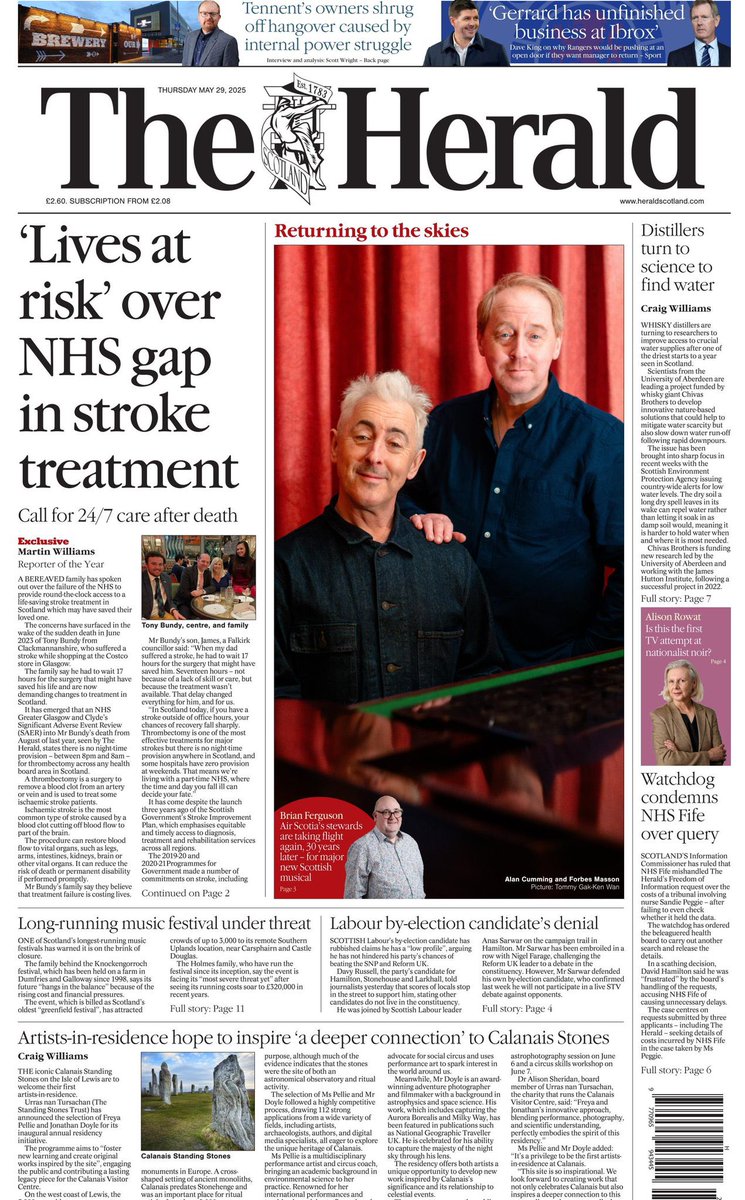My Dad died from a stroke. He was failed by systemic gaps in Scotland’s NHS—most shockingly, the lack of 24/7 access to thrombectomy, a life-saving stroke treatment.

This front page must be a turning point. 

Scotland needs 24/7 stroke surgery. No more delays.