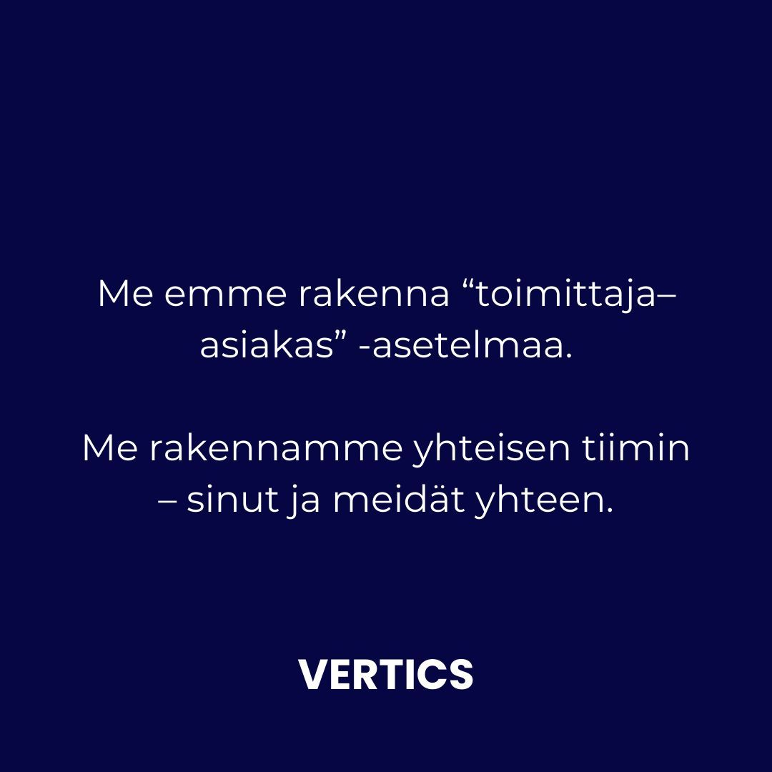 Vertics1's tweet photo. Hyvä yhteistyö ei perustu valmiisiin malleihin, vaan ihmisten väliseen luottamukseen.
Me Verticsillä emme rakenna siiloja, vaan yhteisen tiimin – sinun ja meidän välillä.
#yhteistyö #ohjelmistokehitys #vertics https://t.co/Y9tRHcYTDu