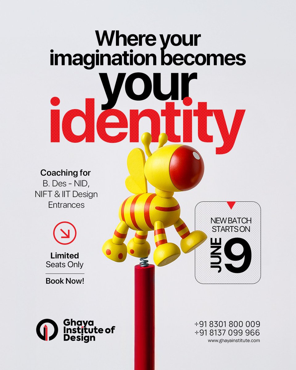 ghayainstitute's tweet photo. Are you ready to turn your imagination into your identity?
At Ghaya Institute of Design, we believe creativity deserves a platform — and that’s exactly what we provide. Our expert-led coaching helps you crack the toughest entrance exams for B.Des programs at NID, NIFT, and IIT. https://t.co/lYFIyNfMCB