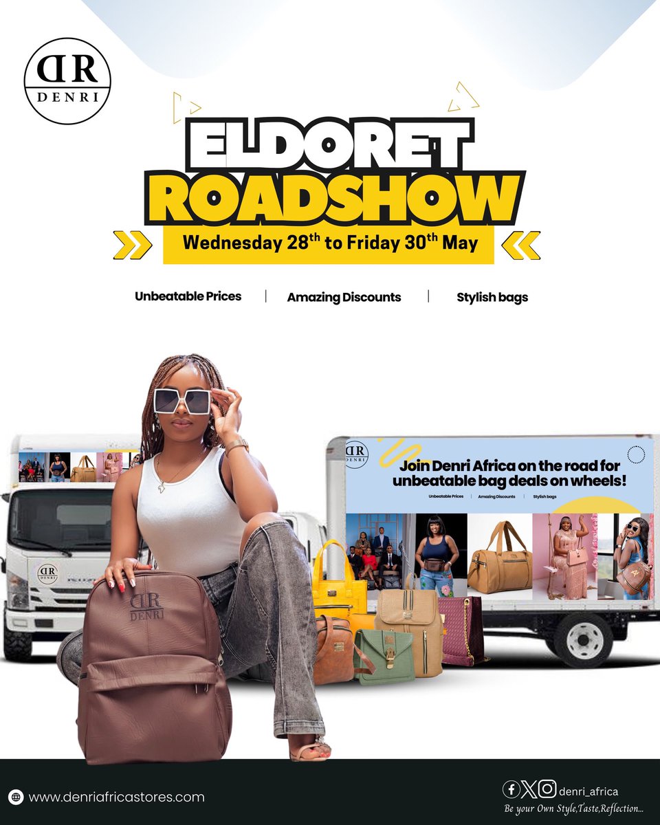 DenriAfrica's tweet photo. Day 2🥳🥳Eldoret, get ready! 🚨

Denri Africa’s roadshow is hitting town from May 28th to 30th,and trust us, you don’t want to miss this! 🔥

Unbeatable prices, crazy discounts, and the stylish bags you’ve been eyeing. Time to treat yourself,before they’re all gone! 

See you there! 💼🎒