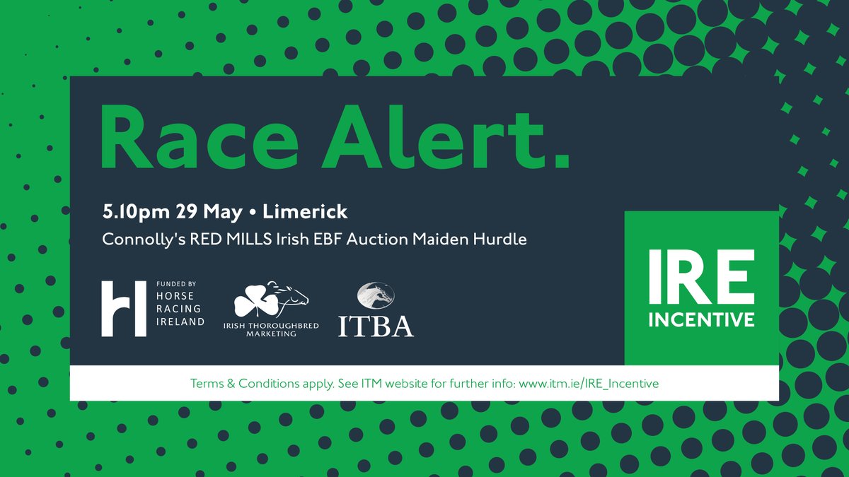ITM (@irethoroughbred) on Twitter photo ๐ข IRE INCENTIVE ๐ต
๐จ Race Alert ๐จ
๐๏ธ 5.10pm 29 May 2025
โน๏ธ <a href="/REDMILLSHorse/">Connolly's RED MILLS</a> <a href="/IrishEBF_/">Irish Stallion Farms</a> Auction Maiden Hurdle
๐ <a href="/LimerickRaces/">Limerick Races</a>
๐ฐ โฌ10,000 bonus for owner to spend at Irish sales if winner Irish-bred
#IREIncentive #ItPaysToBuyIrish ๐ข IRE INCENTIVE ๐ต
๐จ Race Alert ๐จ
๐๏ธ 5.10pm 29 May 2025
โน๏ธ <a href="/REDMILLSHorse/">Connolly's RED MILLS</a> <a href="/IrishEBF_/">Irish Stallion Farms</a> Auction Maiden Hurdle
๐ <a href="/LimerickRaces/">Limerick Races</a>
๐ฐ โฌ10,000 bonus for owner to spend at Irish sales if winner Irish-bred
#IREIncentive #ItPaysToBuyIrish