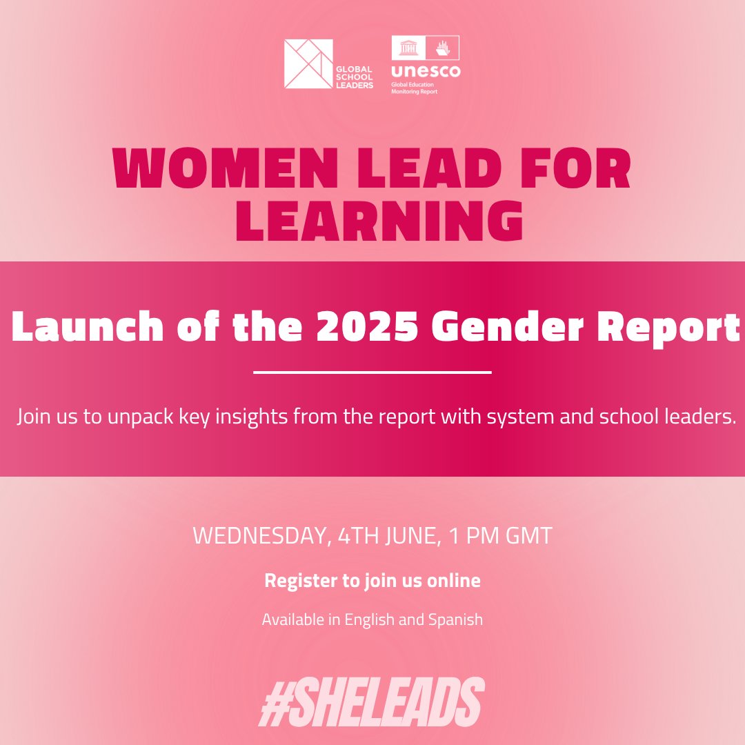 Global Education Monitoring Report UNESCO (@gemreport) on Twitter photo 🚨 Join the #GEMReport & <a href="/gschoolleaders/">GlobalSchoolLeaders</a> on 4 June for a global webinar on the #2025GenderReport: Women Lead for Learning.
🔗 Register now: bit.ly/4kDVaW2
#SheLeads #LeadForLearning 🚨 Join the #GEMReport & <a href="/gschoolleaders/">GlobalSchoolLeaders</a> on 4 June for a global webinar on the #2025GenderReport: Women Lead for Learning.
🔗 Register now: bit.ly/4kDVaW2
#SheLeads #LeadForLearning