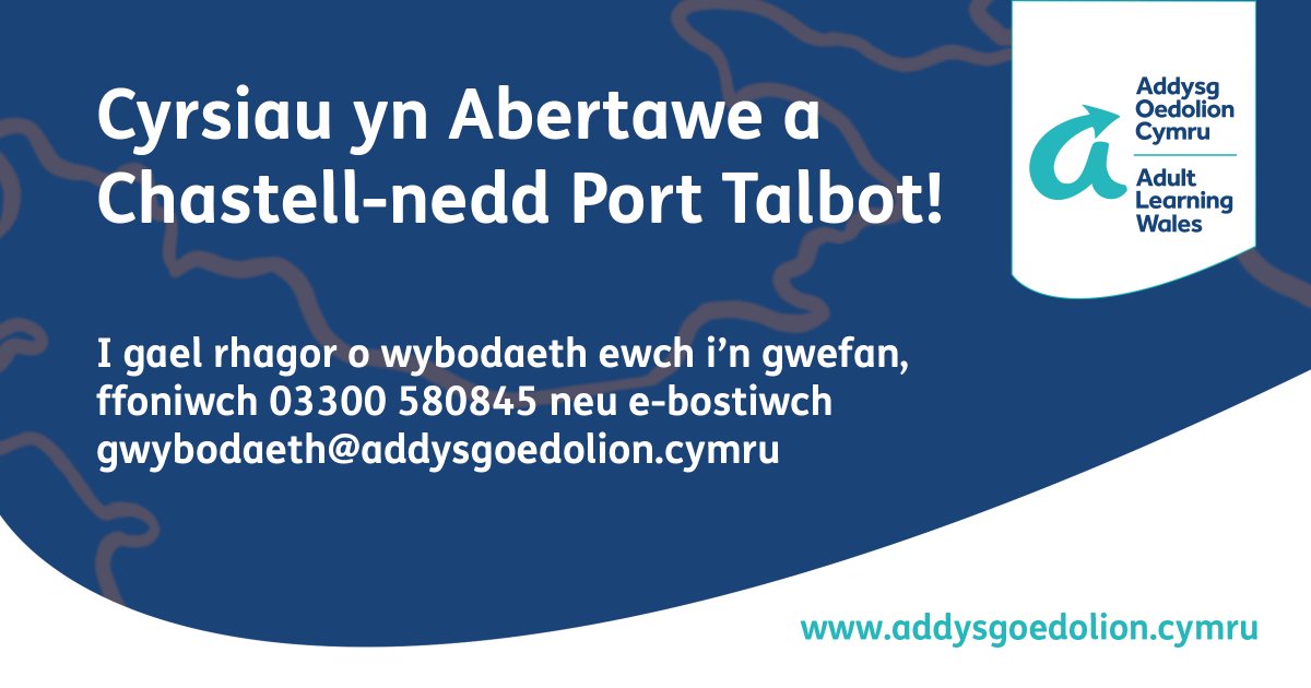 Cliciwch yma i weld ein cyrsiau cyfredol sydd ar gael yn Abertawe a Chastell-nedd Port Talbot: ow.ly/bJeE50TshTG

#addysgoedolioncymru #cyrsiauoedolion #Abertawe #Chastellnedd #PortTalbot