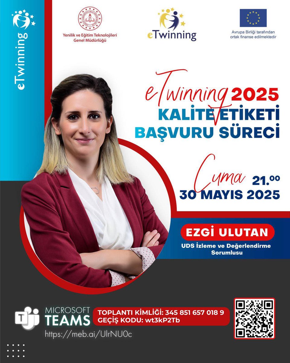 🎉eTwinning Türkiye Ulusal Destek Servisi Webinarı🎉

✅ eTwinning 2025 Kalite Etiketi Başvuru Süreci

👤Ezgi ULUTAN - eTwinning Türkiye UDS İzleme ve Değerlendirme Sorumlusu

📆Tarih: 30 Mayıs Cuma
⏰Saat: 21.00

📌Katılım Linki: meb.ai/UlrNU0c

<a href="/mebyegitek/">Yenilik ve Eğitim Teknolojileri Genel Müdürlüğü</a>