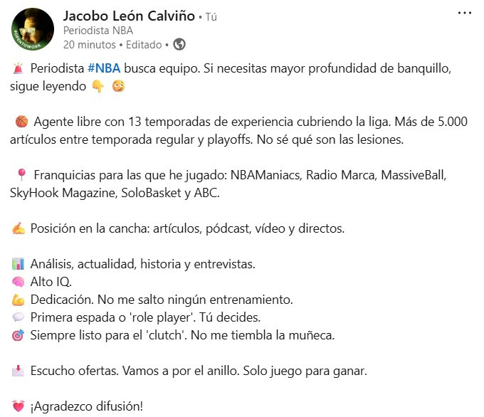 🚨 Ha llegado el momento de vestir otra camiseta. Acaba la temporada, se cierra un ciclo.

🏀 Busco una nueva 'casa' para seguir cubriendo y disfrutando de la #NBA.

✉️ Abierto a ofertas. Agradezco difusión.