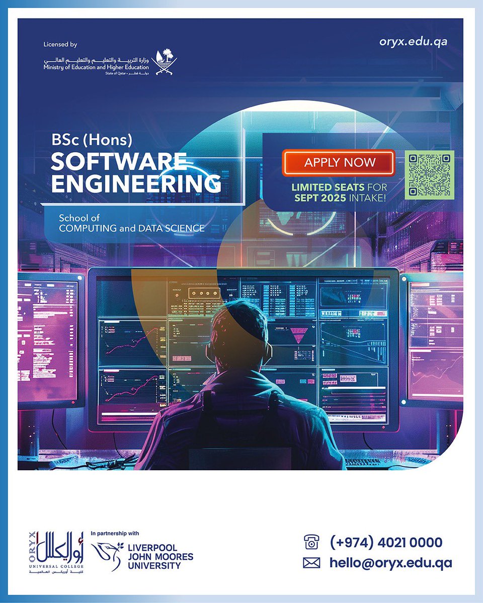 Oryx_Uni's tweet image. Do you love video games? Why not develop them!

Study BSc (Hons) Software Engineering in Qatar and graduate with a degree from @LJMU, UK.

Shape Qatar’s digital landscape through innovation and development.
September 2025 intake admissions now open.

#StudySoftware #OUC #LJMU