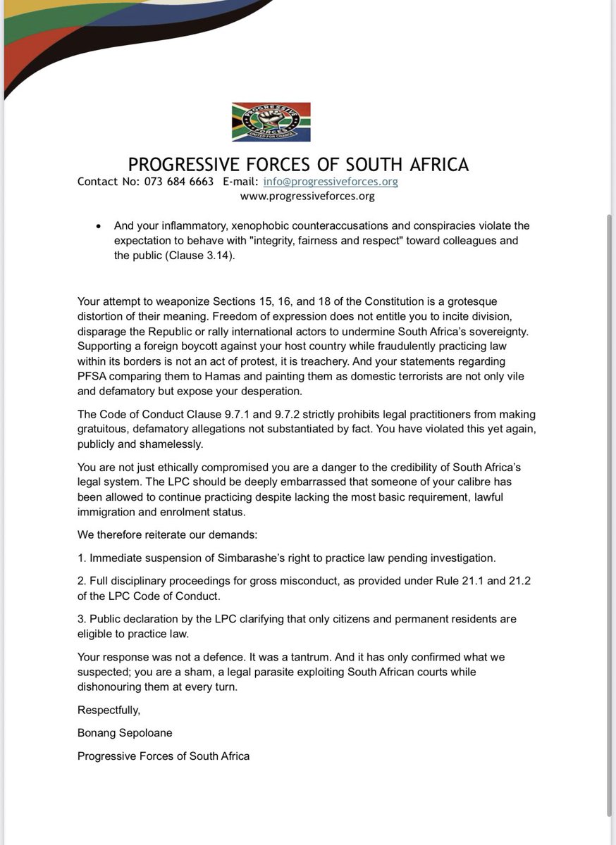 We’ve formally responded to Simbarashe Chitando’s circus act of a defence.

Let it be known: this matter will NOT be laid to rest until accountability is served, and the <a href="/CouncilPractice/">Legal Practice Council</a> does what it should’ve done long ago uphold the law.

Him likening Progressive Forces to