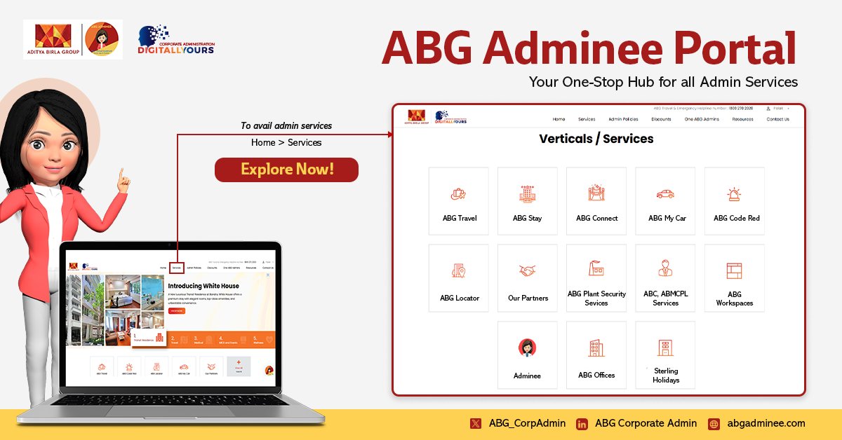 ABG_CorpAdmin's tweet photo. Simplify your workday with ABG ADMINEE Portal!
Your One-Stop Hub for all Admin Services

Explore Now: https://t.co/9ZLbBellti

For latest announcements, follow:

LinkedIn: https://t.co/rXByZp1lzF

For any queries, write us to:
Email: corporate.admin@adityabirla.com https://t.co/CyfoPjXyrk