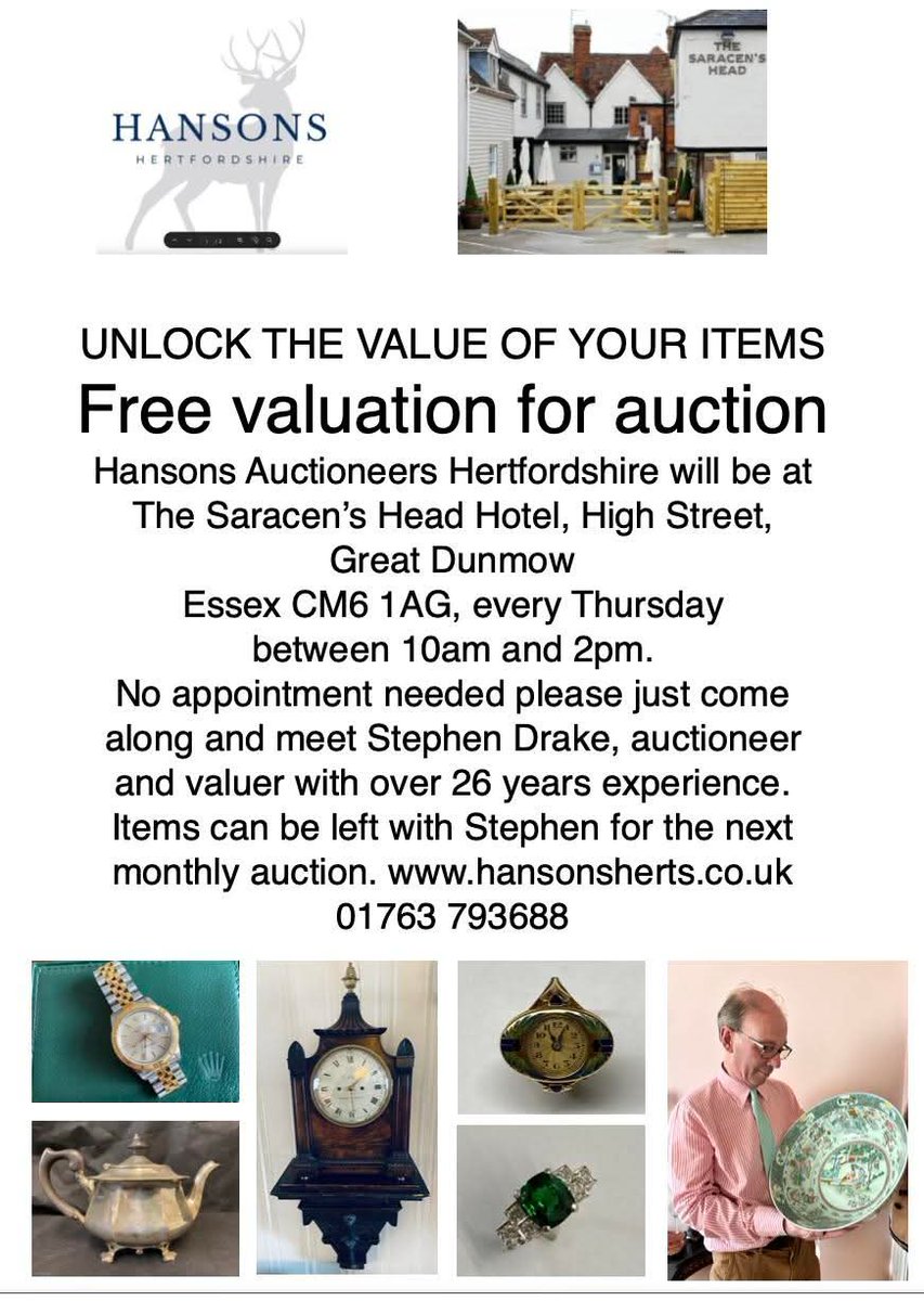 Free Valuation Day at The Saracen's Head in Great Dunmow every Thursday 10 till 2pm.
#auction #essex #dunmow #antiques #jewellery #auctions #auctionhouse