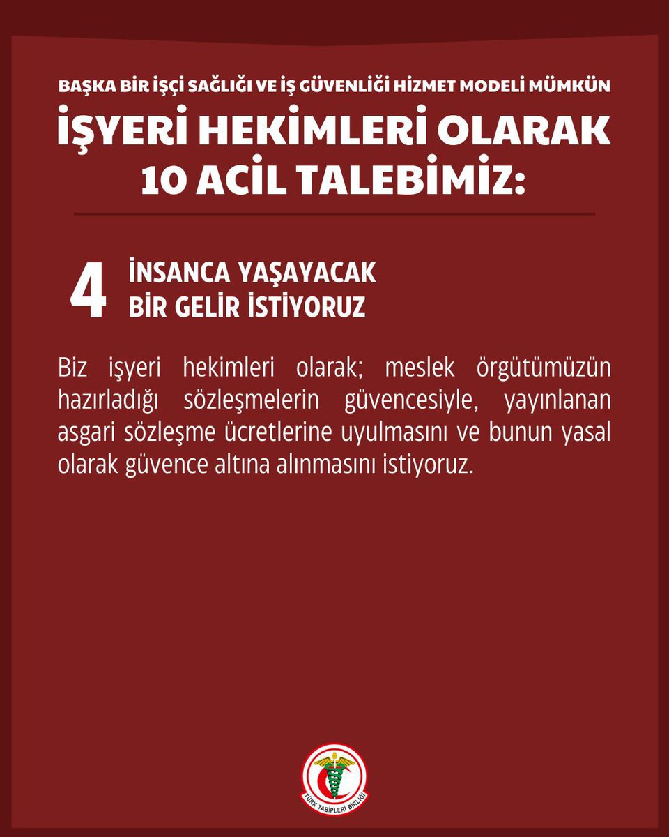 İstanbul Tabip Odası (@istabip) on Twitter photo ❗️İşyeri Hekimlerinin 10 Acil Talebi Var❗️
Talep 4: İnsanca Yaşayacak Bir Gelir İstiyoruz <a href="/csgbakanligi/">T.C. Çalışma ve Sosyal Güvenlik Bakanlığı</a>
Biz işyeri hekimleri olarak; meslek örgütümüzün hazırladığı sözleşmelerin güvencesiyle, yayınlanan asgari sözleşme ücretlerine uyulmasını ve bunun yasal olarak güvence ❗️İşyeri Hekimlerinin 10 Acil Talebi Var❗️
Talep 4: İnsanca Yaşayacak Bir Gelir İstiyoruz <a href="/csgbakanligi/">T.C. Çalışma ve Sosyal Güvenlik Bakanlığı</a>
Biz işyeri hekimleri olarak; meslek örgütümüzün hazırladığı sözleşmelerin güvencesiyle, yayınlanan asgari sözleşme ücretlerine uyulmasını ve bunun yasal olarak güvence