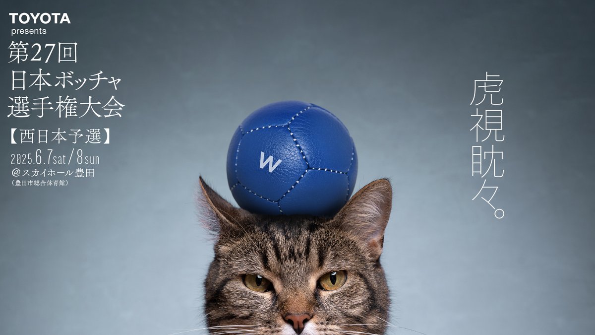 🐾ニャンともキュートな
#猫 ポスターをご紹介🐾

2026年1月開催の「日本 #ボッチャ 選手権大会」
予選大会が6月にスタート！
観戦無料です🐈

＜西日本予選会＞
📅6月7日(土)、8日(日)
📍スカイホール豊田

＜東日本予選会＞
📅6月14日(土)、15日(日)
📍福島トヨタクラウンアリーナ

<a href="/boccia_project/">【公式】日本ボッチャ協会（JBoA）</a>