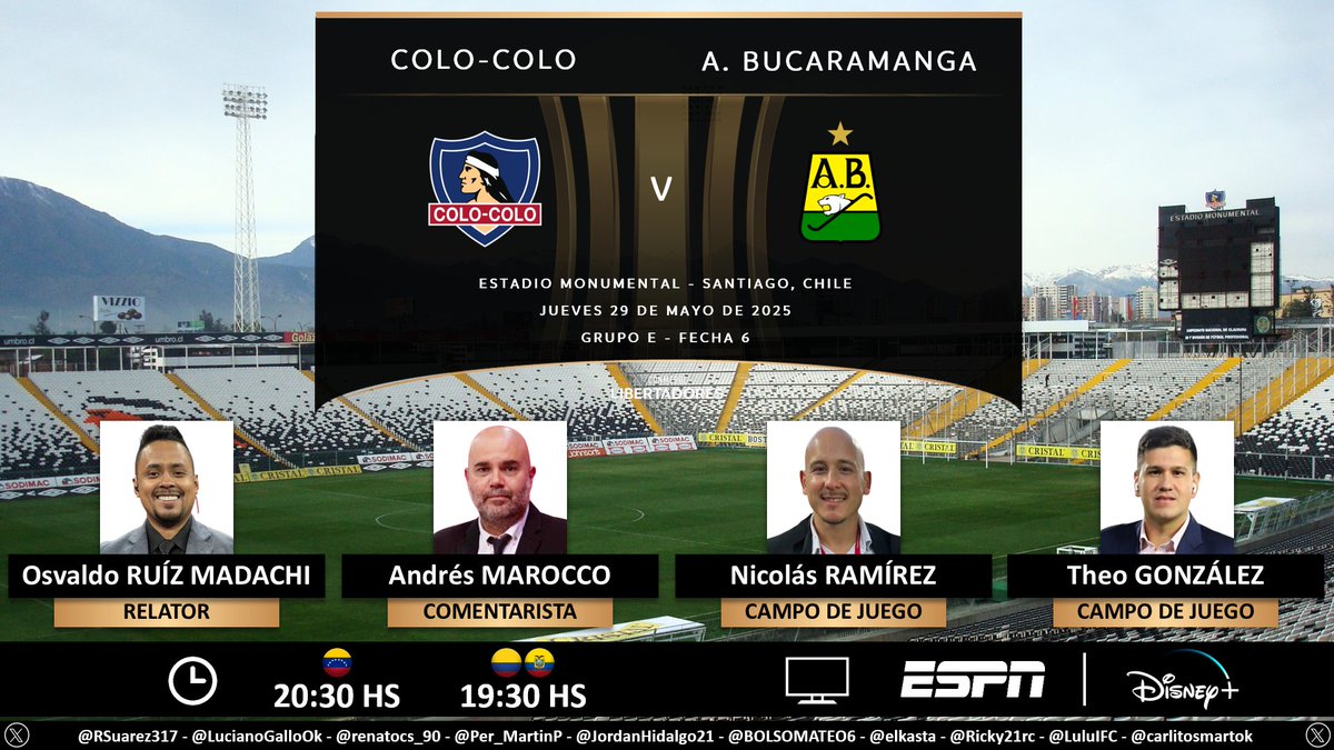 Puntaje Ideal (@puntaje_ideal) on Twitter photo ⚽ #Libertadores | 🇨🇱 #ColoColo vs. #Bucaramanga 🇨🇴
🎙 Relator: <a href="/ruizmadachi92/">Osvaldo Ruiz Madachi (RM92)</a>
🎙 Comentarista: <a href="/andresmarocco/">Andres Marocco</a>
🎙 Campo de juego: @ramirezgnico - <a href="/Theo_Gonzalez/">Theo González Castaño</a>
📺 #ESPN 🇨🇴🇪🇨🇻🇪
💻📱 <a href="/disneyplusla/">Disney+ Latinoamérica</a> 🇨🇴🇪🇨🇻🇪
🤳 #LIBERTADORESxESPN - #GloriaEterna
Dale RT 🔃 ⚽ #Libertadores | 🇨🇱 #ColoColo vs. #Bucaramanga 🇨🇴
🎙 Relator: <a href="/ruizmadachi92/">Osvaldo Ruiz Madachi (RM92)</a>
🎙 Comentarista: <a href="/andresmarocco/">Andres Marocco</a>
🎙 Campo de juego: @ramirezgnico - <a href="/Theo_Gonzalez/">Theo González Castaño</a>
📺 #ESPN 🇨🇴🇪🇨🇻🇪
💻📱 <a href="/disneyplusla/">Disney+ Latinoamérica</a> 🇨🇴🇪🇨🇻🇪
🤳 #LIBERTADORESxESPN - #GloriaEterna
Dale RT 🔃