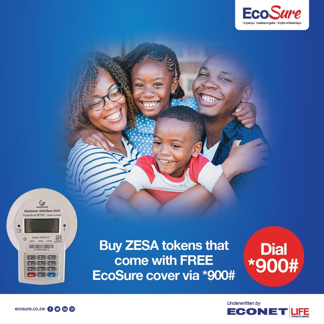 Power up &amp; get covered for FREE! ​

Get FREE EcoSure funeral cover of up to US$2,500 when you buy your ZESA tokens on *900#. Stay powered, stay protected! ​

#FuneralCover