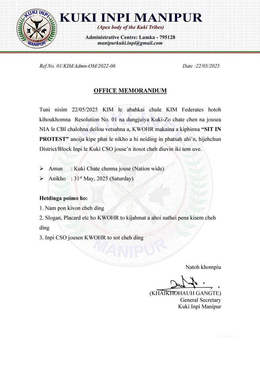 KhongsaiChanu's tweet photo. Manipur : The Kuki Women Organisation for Human Rights is organising a " SIT-IN PROTEST " against the unjust &amp; Arbitrary arrests of Kuki individuals by @NIA_India &amp; @CBIHeadquarters

Dated : 31st May 2025
Time : 11 am - 2pm
Venue : Wall of Remembrance, Peace Ground Tuibong, Lamka https://t.co/r7FQoklqAp