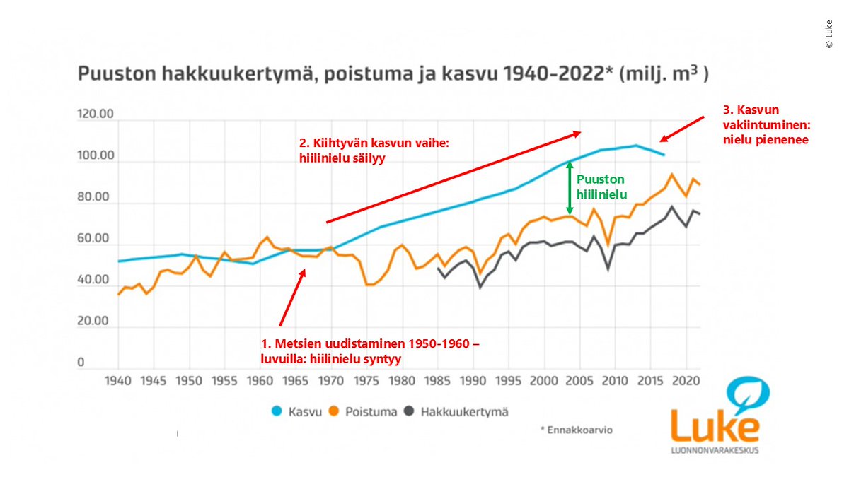 Väärinkäsitykset hiilinielukeskustelussa johtuvat enimmäkseen siitä, että metsien kasvudynamiikkaa ei täysin ymmärretä. Siksi olenkin usein havainnollistanut nielujen kehitystä alla olevan, valtakunnan metsien inventointiin perustuvan kuvan avulla.
1/9