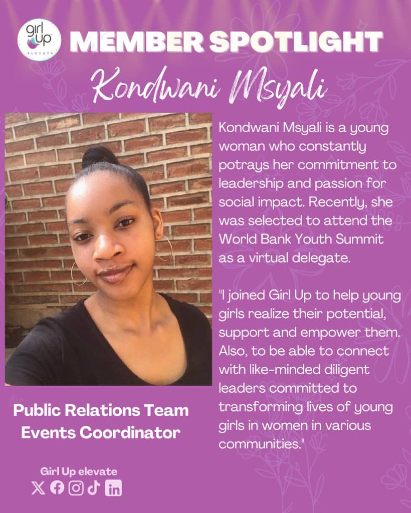 GirlupElevate's tweet photo. Meet Kondwani Msyali ✨❤️🔥🥳, She is a young woman who constantly portrays her commitment to leadership and passion for social impact. Recently she was selected to attend the World Bank Youth Summit as a virtual delegate. https://t.co/f5QPaI9zdO
