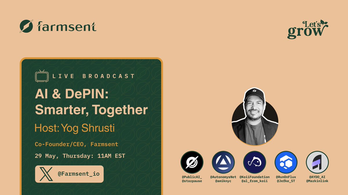 Farmsent (@farmsent_io) on Twitter photo Our Live Broadcast, βAI & DePIN: Smarter, Together,β is happening soon!! π
Don't forget to join us as we unpack the future of AI and DePIN with our Host - <a href="/yogtalks/">Yog | Farmsent</a> and Experts - <a href="/PublicAI_/">PublicAI</a> (<a href="/starpause/">π΅πππππβ¨πΎγ€α΅α΅βΝ₯βκ9d</a>), <a href="/AutonomysNet/">Autonomys | AI3.0</a> (<a href="/amiknyc/">amik</a>), <a href="/KoiiFoundation/">Koii π (Download Your Node Today!)</a> (<a href="/al_from_koii/">al π π₯</a>), @runonflux Our Live Broadcast, βAI & DePIN: Smarter, Together,β is happening soon!! π
Don't forget to join us as we unpack the future of AI and DePIN with our Host - <a href="/yogtalks/">Yog | Farmsent</a> and Experts - <a href="/PublicAI_/">PublicAI</a> (<a href="/starpause/">π΅πππππβ¨πΎγ€α΅α΅βΝ₯βκ9d</a>), <a href="/AutonomysNet/">Autonomys | AI3.0</a> (<a href="/amiknyc/">amik</a>), <a href="/KoiiFoundation/">Koii π (Download Your Node Today!)</a> (<a href="/al_from_koii/">al π π₯</a>), @runonflux