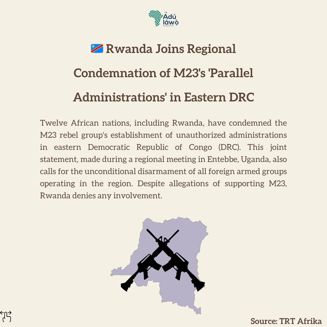🇨🇩 Rwanda Joins Regional Condemnation of M23's 'Parallel Administrations' in Eastern DRC

#DRC #Rwanda #M23Rebels #RegionalSecurity #PeaceEfforts #AfricanUnity #TheAdulawo #AfricanNews

💬 How can regional cooperation aid in resolving such conflicts? Share your views.
