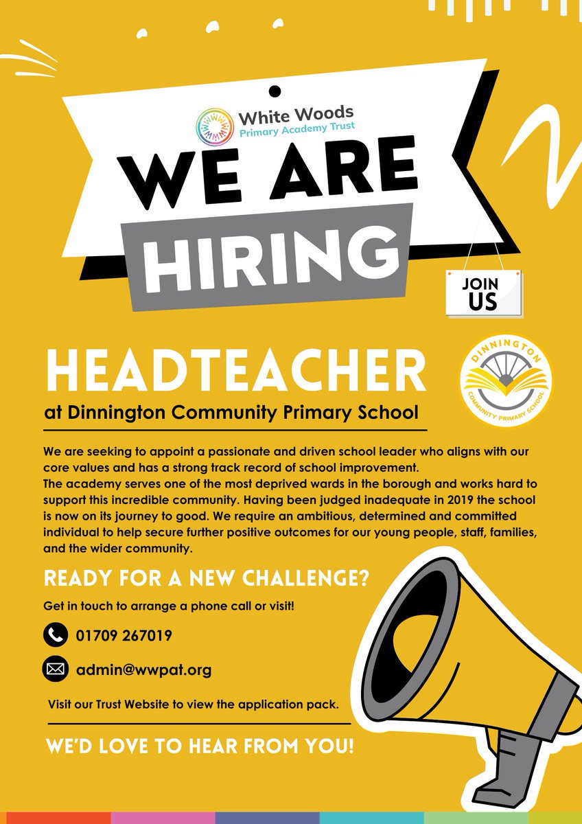White Woods Primary Academy Trust (@whitewoodspat1) on Twitter photo Looking for #Headship? 💭Or know anyone that is?
We're looking for an ambitious, determined and committed individual to help secure further positive outcomes for our young people, staff, families, and the wider community <a href="/Dinnington_CPS/">Dinnington Community Primary School</a> 👇
whitewoodsprimaryacademytrust.co.uk/vacancies/head… #Rotherham Looking for #Headship? 💭Or know anyone that is?
We're looking for an ambitious, determined and committed individual to help secure further positive outcomes for our young people, staff, families, and the wider community <a href="/Dinnington_CPS/">Dinnington Community Primary School</a> 👇
whitewoodsprimaryacademytrust.co.uk/vacancies/head… #Rotherham