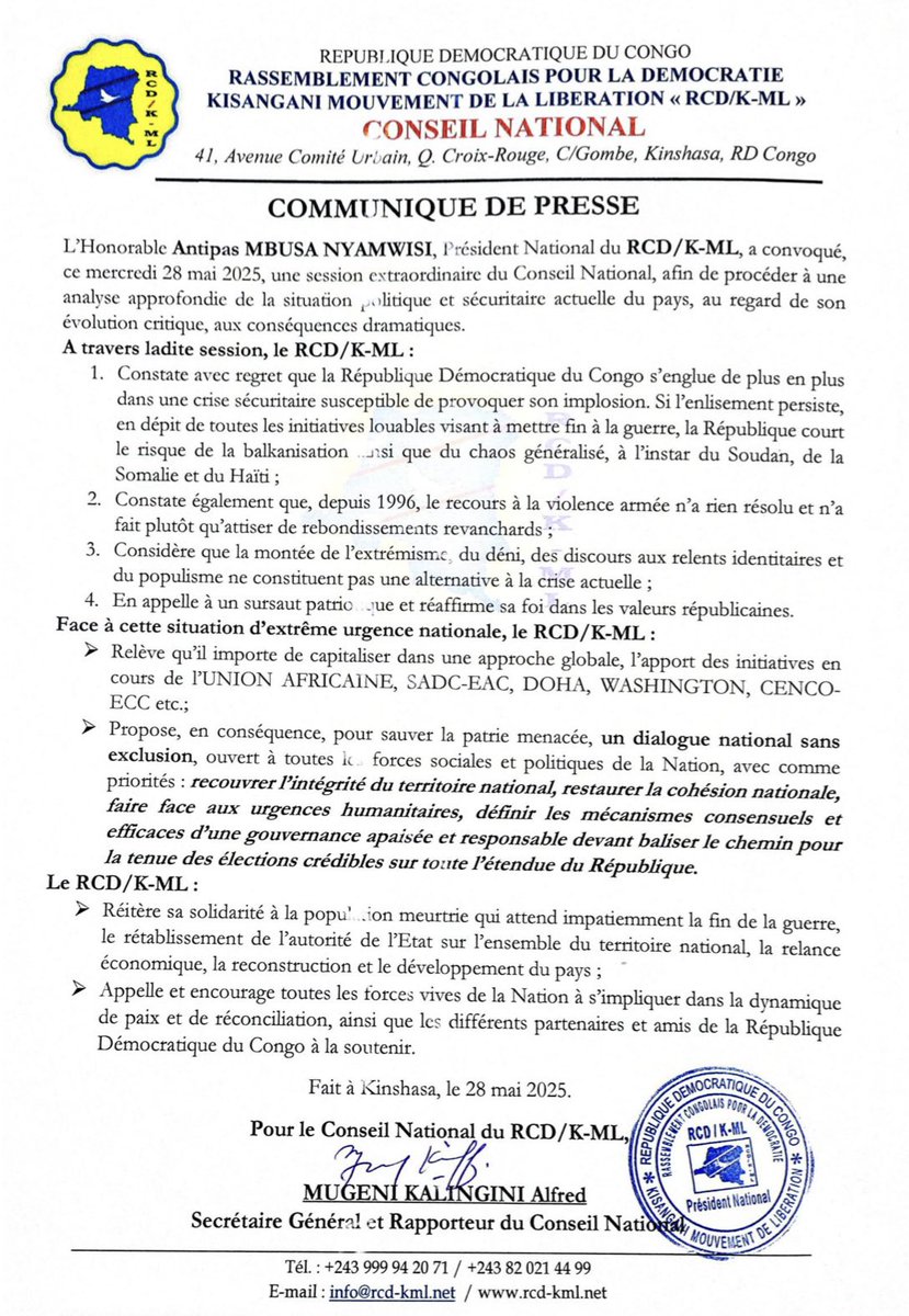 #RDC Face à la dégradation de la situation sécuritaire le #RCD_KML de Mbusa #Nyamwisi propose « un #dialogue #national inclusif, ouvert à toutes les forces sociales et politiques, avec comme priorités : de recouvrer l’intégrité du territoire national, de restaurer la cohésion