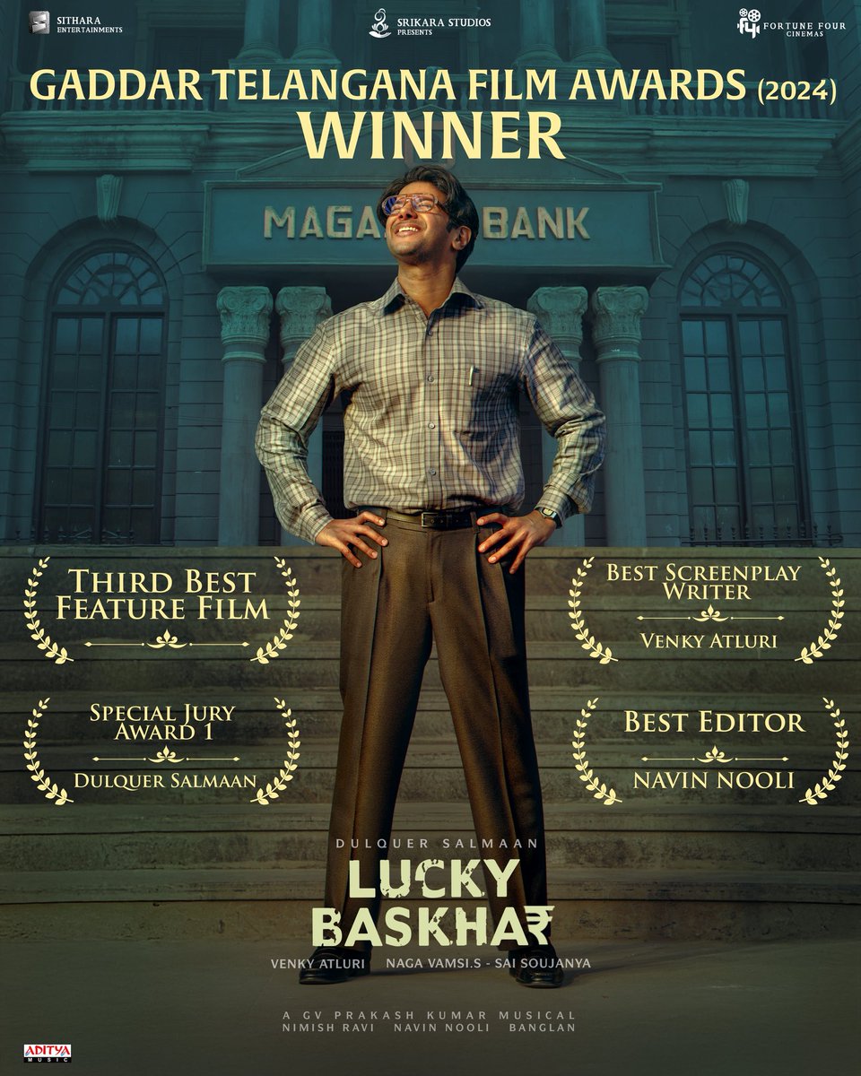 Sithara Entertainments (@sitharaents) on Twitter photo The sensational blockbuster #LuckyBaskhar wins big at #GaddarAwards2025 🏆
Third Best Film
Best Screenplay – #VenkyAtluri
Special Jury Award – <a href="/dulQuer/">Dulquer Salmaan</a>
Best Editor – <a href="/NavinNooli/">Navin Nooli</a>
A Proud moment for the entire team! 🎉
We thank the government of Telangana for this honours! ❤️ The sensational blockbuster #LuckyBaskhar wins big at #GaddarAwards2025 🏆
Third Best Film
Best Screenplay – #VenkyAtluri
Special Jury Award – <a href="/dulQuer/">Dulquer Salmaan</a>
Best Editor – <a href="/NavinNooli/">Navin Nooli</a>
A Proud moment for the entire team! 🎉
We thank the government of Telangana for this honours! ❤️