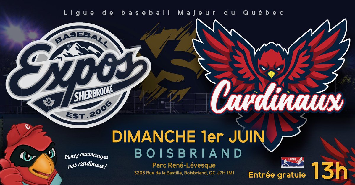 christianmarcge's tweet photo. Ce dimanche 13h
Les Expos de #Sherbrooke viennent visiter les #Cardinaux des #Laurentides 

Je serai là pour vous saluer ❤️
Merci à @VilleBoisbriand de nous accueillir! 
#Baseball #BaseballseniorElite 
#LBMQ @thatank77 https://t.co/ymq4wUiqq5