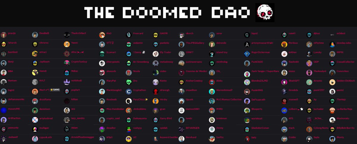The Doomed DAO (@thedoomedxyz) on Twitter photo The Doomed DAO is full of many beautiful peopleβ€οΈβπ₯ Most likely we wouldn't recognize each other IRL yet we are all connected... Thank you <a href="/XCOPYART/">XCOPY π΄</a> ππ The Doomed DAO is full of many beautiful peopleβ€οΈβπ₯ Most likely we wouldn't recognize each other IRL yet we are all connected... Thank you <a href="/XCOPYART/">XCOPY π΄</a> ππ