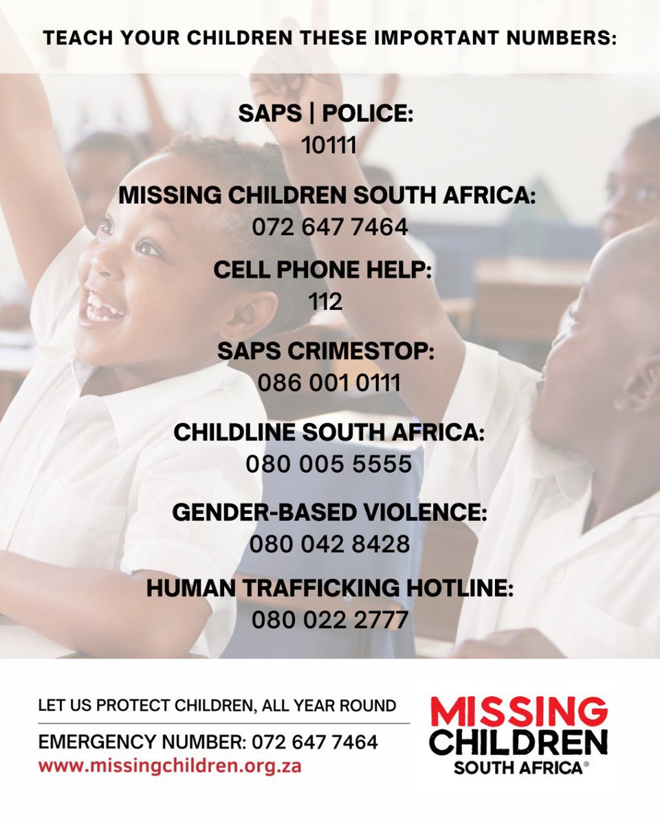 072MISSING's tweet image. #MissingChildrenSouthAfrica supports #NationalChildProtectionWeek!

Every child has the right to be protected from maltreatment, neglect, abuse or degradation. Children also have the right to be protected from exploitative labour practises.

Report child abuse, neglect and