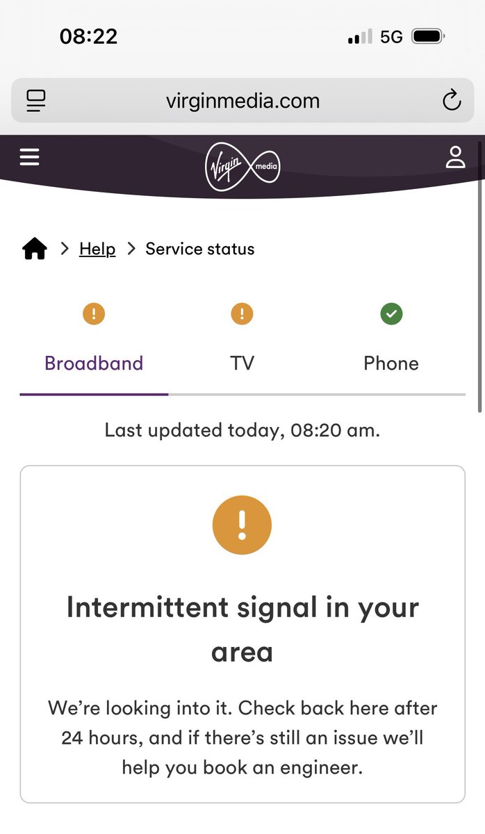 captain_planet8's tweet image. Hi @virginmedia can you give an update on the broadband issue? It’s been 3 days of intermittent access now. S75 area.