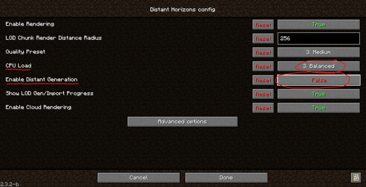 plokIsMe's tweet photo. DistantHorizonsの設定で、Enable Distant GenerationをTrueにすると遠いチャンクを読み込もうとして重くなります
それと、CPU Loadも下げたら軽くなるかもしれません https://t.co/MvInMnzJ6x